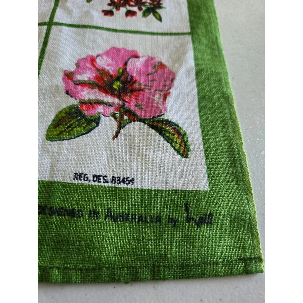 Vintage Neil Australian Wildflowers Pure Linen Tea Towel Green Floral 18x30